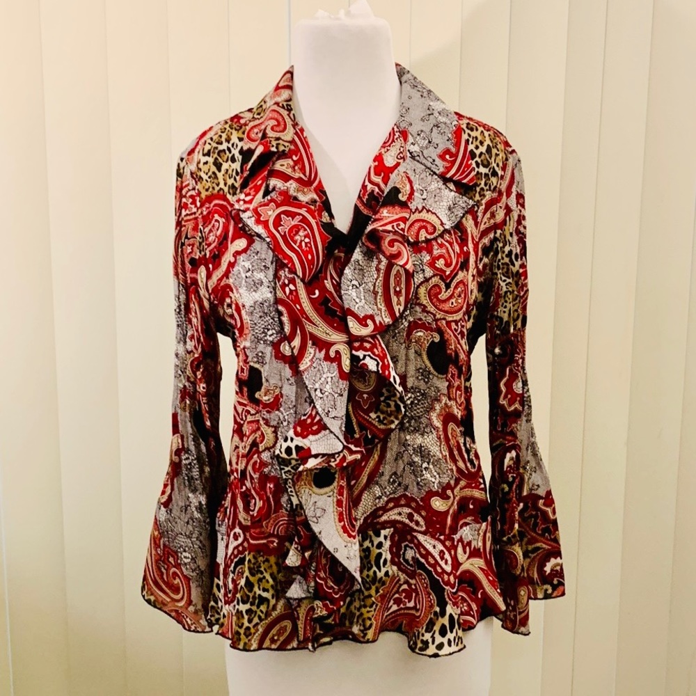 Sunny Leigh paisley and animal print blouse.